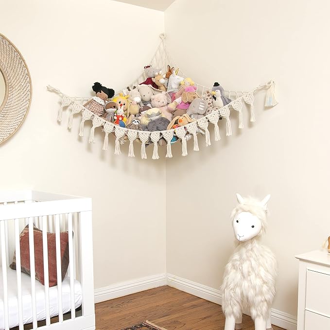 Abby Baby Extra Large Stuffed Animal Hammock with LED Lights 100% Natural Cotton Macrame Toy Storage Net for Plushies & Squishmallows Boho Macrame Corner Organizer for Kids’ Room or Nursery (Beige)