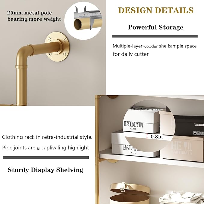 KAILNKISS Industrial Pipe Clothing Rack, Gold Clothing Rack with Shelves, Wall Mounted Clothes Rack Heavy Duty Closet Organizers Wardrobe Multi-Purpose Storage Clothes Hanging Shelf - 70.8''L Gold
