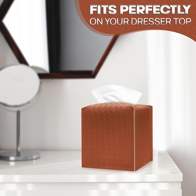 Tissue Box Cover Holder, PU Leather Tissue Box Cover with Braided Pattern, Square Tissue Holder with Bottom Belt, Modern Organizer for Bathroom, Car, Office,(Saddle Brown, 12 Braided Patterns)