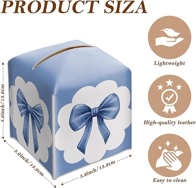 Navy Blue Bow Ribbon Tissue Box Cover Square, Leather Tissue Holder with Bottom Belt, for Nightstands Desks Office Bathroom Car Vanity Home Decor Supplies -011