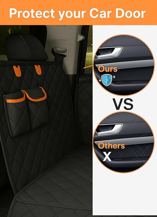 fidozen Dog Car Seat Cover, Universal Fit, Waterproof, Breathable, Machine Washable, Pet Hammock with Storage Pocket, Black (Orange, Standard 54" W)