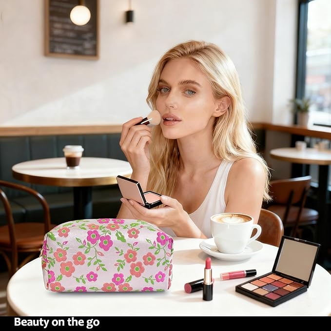 STARDW Cute Floral Makeup Bag for Women, Large Capacity Travel Toiletry Bag with Zipper and Canvas Lining