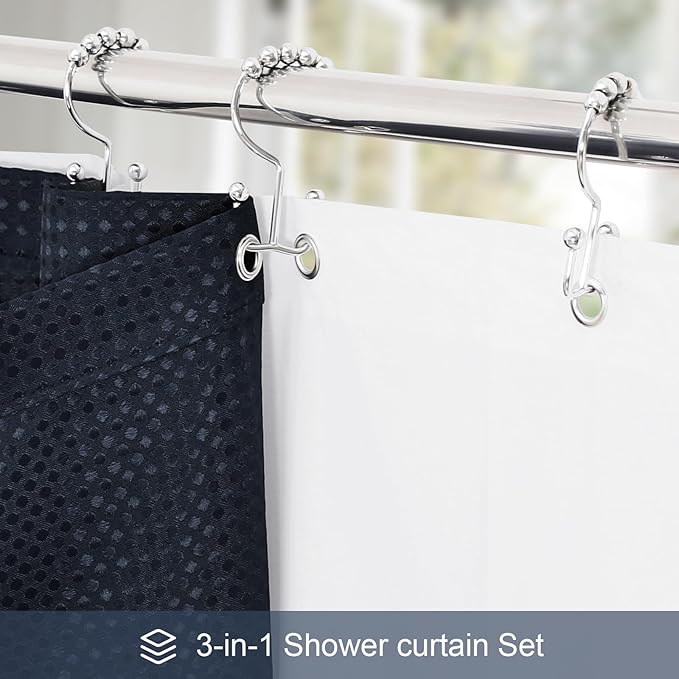 Craidlela 3 in 1 Extra Long Navy Blue Shower Curtain Set-72 W x 84 H, Modern Waffle and PEVA Liner Set with 12 Stainless Steel Hooks, Waterproof Fabric for Bathroom