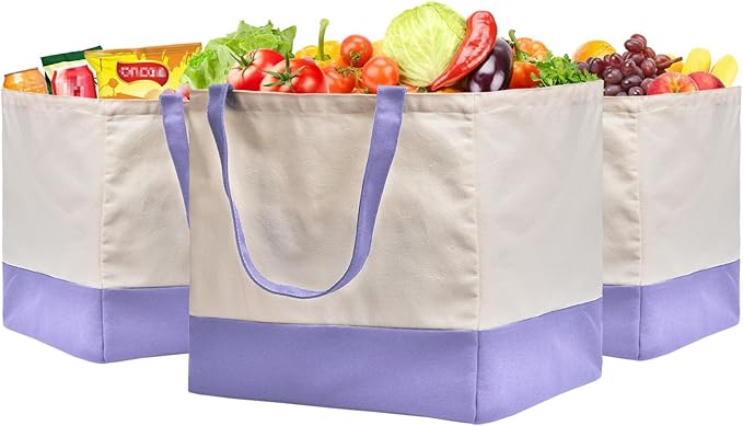 CNaiyunpin Reusable Grocery Bags Heavy Duty, 8.3 gal Foldable Large Canvas Tote Bag with Handles, Holds 60 lbs Canvas Shopping Bags, 3 Pack（Off White+Light purple）