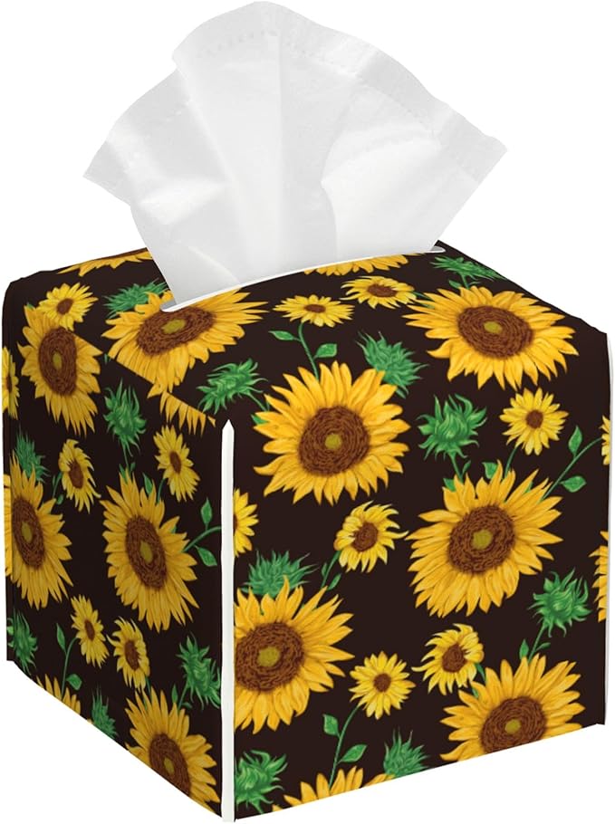 POIUBLE Sunflower Tissue Box Cover Leather Tissue Box Holder Square Facial Paper Organizer Dispenser for Bathroom Kitchen Bedroom Vanity Countertop Night Stands