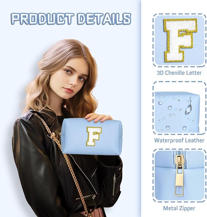 TOPEAST Personalized Makeup Bag, Chenille Letter Pouch Cosmetic Bag w Zipper, PU Leather Waterproof Toiletry Bag, Bridal Shower Gifts for Bridesmaids, Cute Stuff for Girls (Sky Blue P)