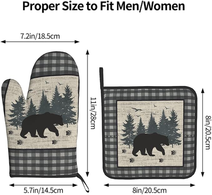 Rustic Vintage Bear Oven Mitt and Pot Holders 2Pcs Sets Heat Resistant Forest Cabin Wildlife Kitchen Gloves Potholder Farm Buffalo Plaid Hot Pads for Chef Cooking, Baking, Grilling