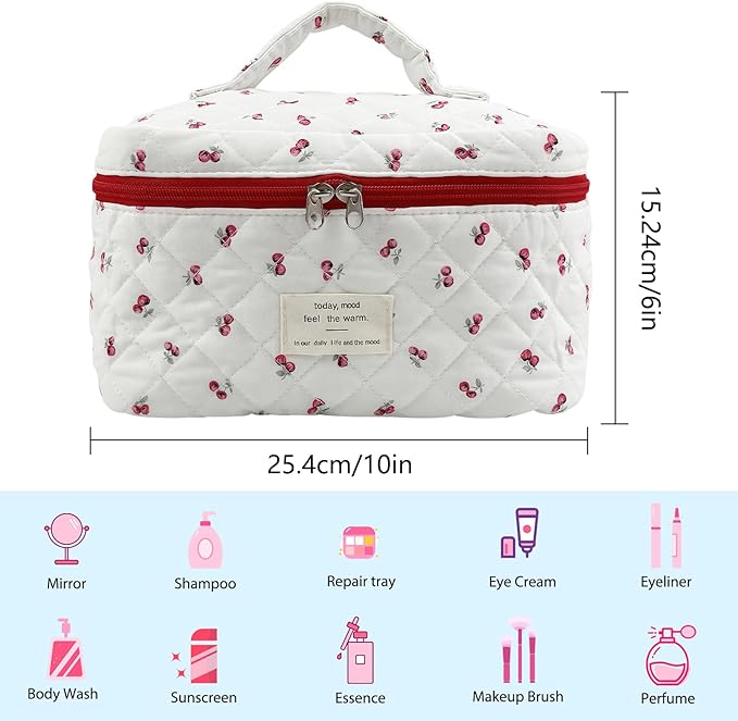 Cozomga Quilted Makeup Bag, Large Capacity Travel Cosmetic Bag for Women and Girls, Aesthetic Storage for Daily and Travel Use (Bigcherry Quilted)