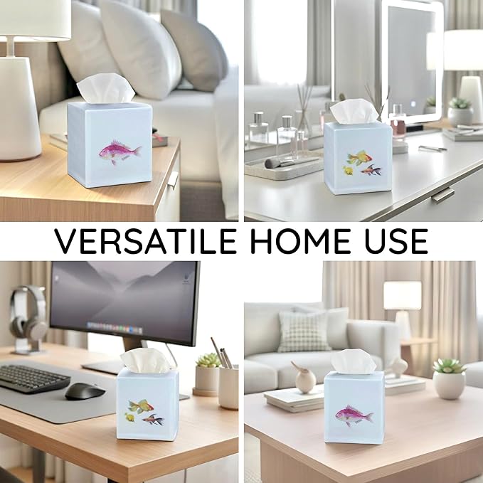 EmbroideryLinen.VN Tissue Box Cover Set of 2, Square Cotton Tissue Holder, Printed Animal Pattern, 4.5x4.5x5.5 Inches, Decorative Holder for Bathroom, Living Room, Office (Fish)