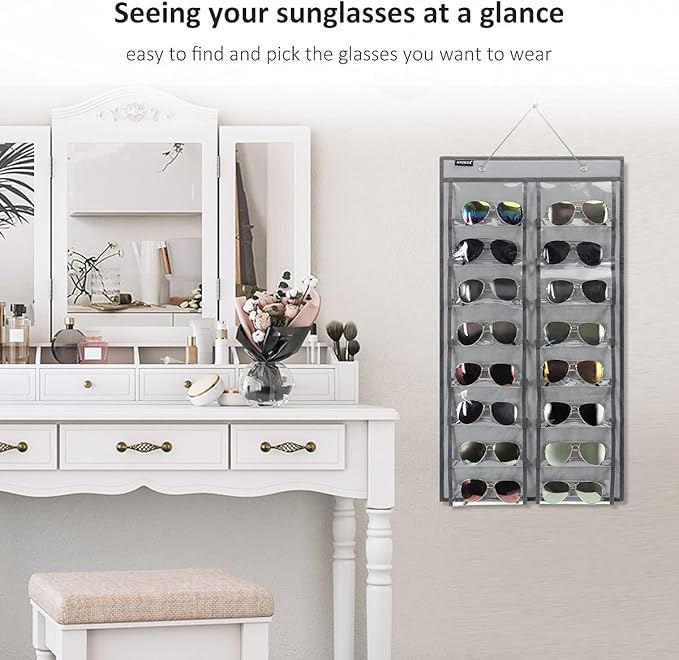 ANZORG Over the Door Hanging Sunglasses Organizer Storage Sunglass Rack Holder Eyewear Display Case with 16 Clear Dust Proof Pockets (16 Pockets-Grey)