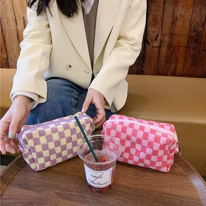 SxoSyo 2 Pcs Cosmetic Bags for Women Checkered Makeup Bag Purse Travel Toiletry Zipper Storage Pouch Make up Brushes Organizer for Gifts (Checkered, Pink & Blue)