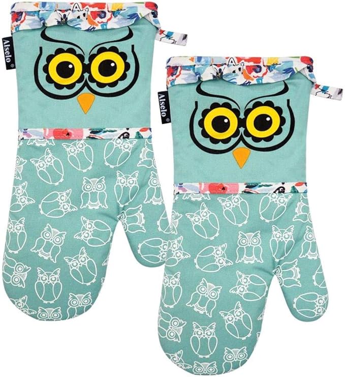 Oven Mitts, Heat Resistant with Soft Quilted Cotton Lining Set of 2, Fashion Animal Design with Silicone Printing Anti-Slip Kitchen Gloves for Safe Backing Cooking Barbecue (Green 2)