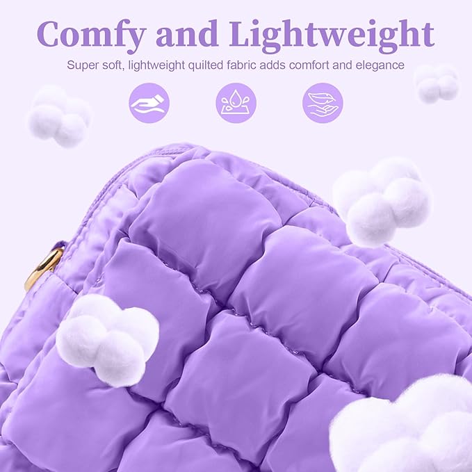 Puffer Quilted Makeup Bag Cosmetic Bags,Puffy Travel Toiletry Pouch for Women,Cute Checkered Zipper Bag Travel Essential,Portable Aesthetic Make up Organizer Bag for Gifts Work Daily(Purple,M)