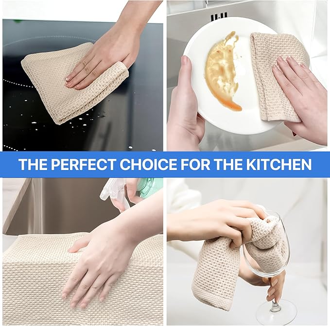 FreeNook 100% Cotton Waffle Weave Kitchen Towels, 4 Pack Dish Cloths for Washing Dishes, Ultra Soft Absorbent Dish Towels, Quick Drying Kitchen Rags, 13x28 Inches, Beige