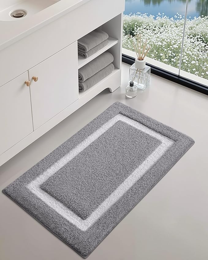 Color&Geometry Bathroom Rugs, Water Absorbent and Quick Dry Microfiber Bath Rugs-16"x24", Non-Slip, Machine Washable, Extra Soft Plush Bath Mats for Bathroom, Laundry Room, Light Grey White