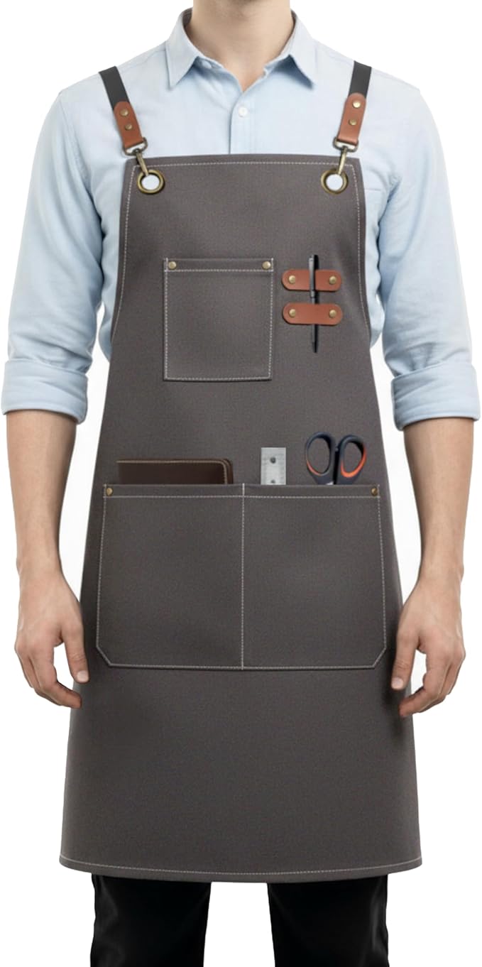 Canvas Work Apron for Men Women with 3 Pockets Heavy Duty Crossback Kitchen Chef Aprons for Cooking Grilling Barista