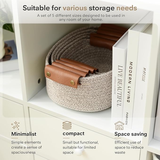 ECDYQXVU 5 Piece Storage Baskets Small Woven Basket with Detachable Leather Handle, Cotton Rope Shelf Baskets for Closet Organizers, Different Sizes Basket Decor, Natural Brown