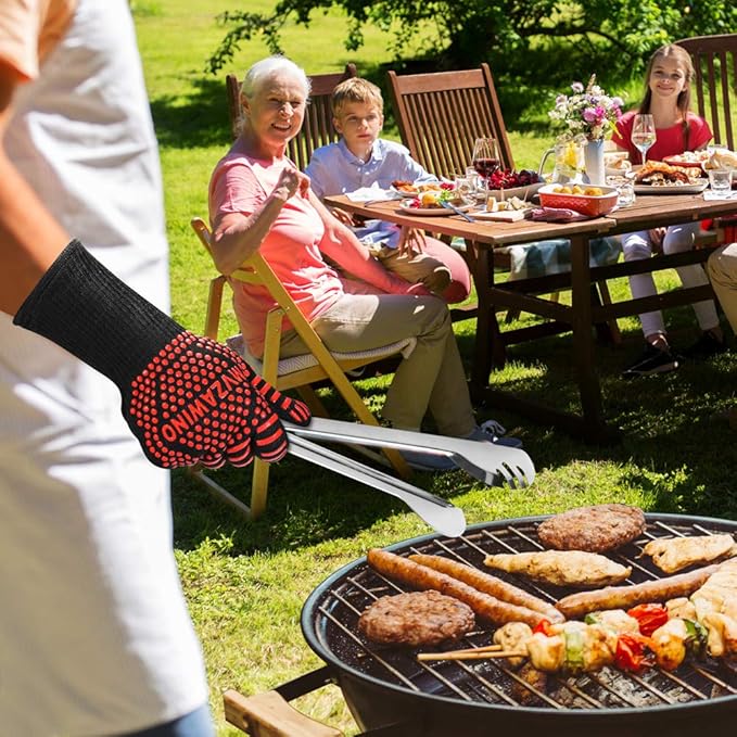 Premium BBQ Gloves, 1472°F Extreme Heat Resistant Oven Gloves, Grilling Gloves with Durable Fireproof Kitchen Oven Mitts Designed for Cooking, Grill, Frying, Baking, Barbecue (red+Black)