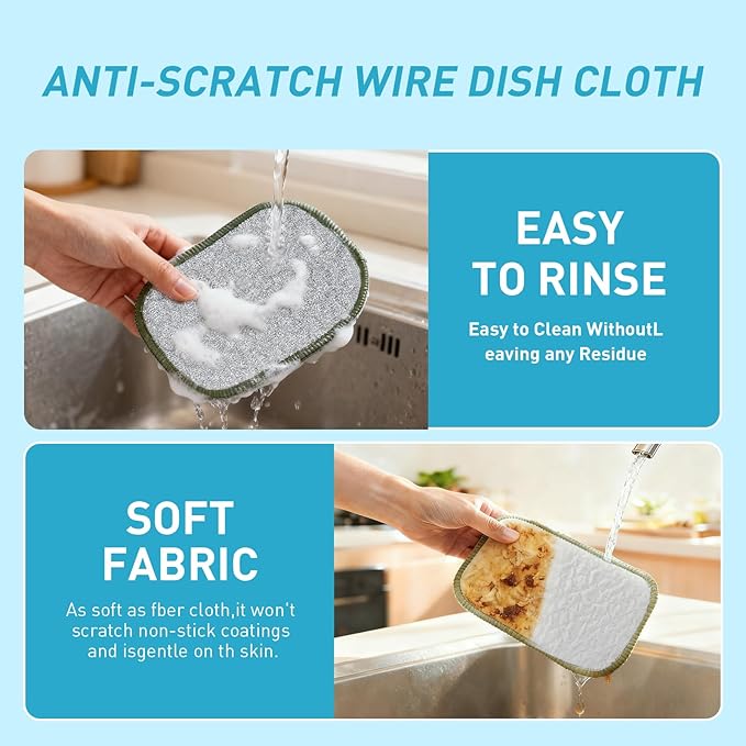 XHWXYQ 2025 New Upgrade Non Scratch Wire Dishcloth, Multipurpose Wire Dishwashing Rags for Kitchen, Wet and Dry, Sinks, Cookware, Stove, Easy Rinsing, Reusable (10PCS, Small)