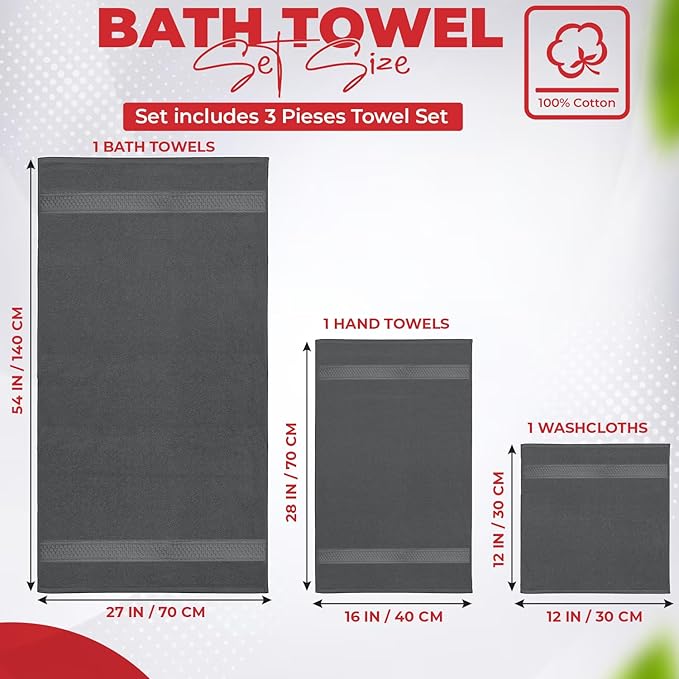 RIVERSIDE 3-Piece Towel Set, 1 Bath Towel, 1 Hand Towel, 1 Washcloth, 550 GSM Ring Spun Cotton, Soft, Quick Dry, Absorbent Bathroom Towels for Home, Gym, Spa, Grey