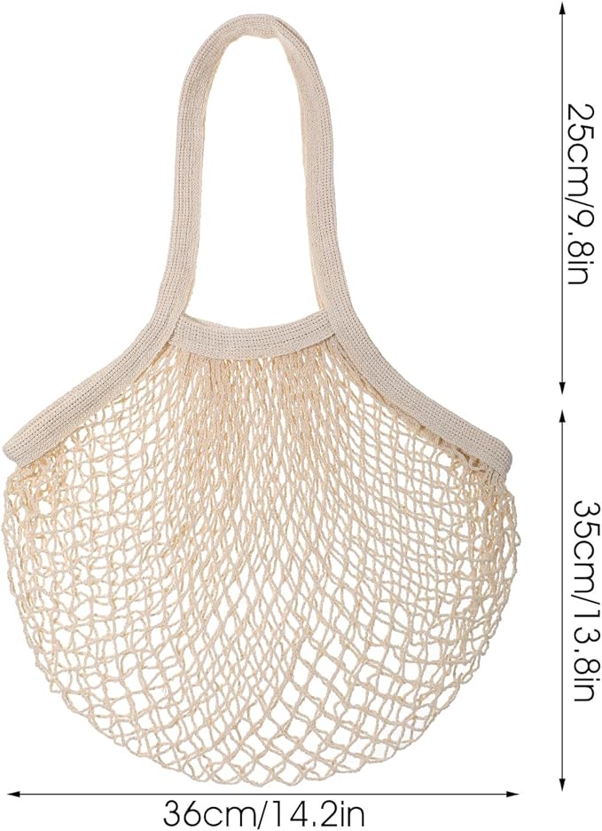 Nodaaiie 12 Pack Reusable Cotton Mesh Grocery Bags Farmers Market Bag Eco-Friendly Washable Net Tote Bag with Long Handles for Fruits, Vegetables, Shopping, and Beach (Beige, 23.6"×14")