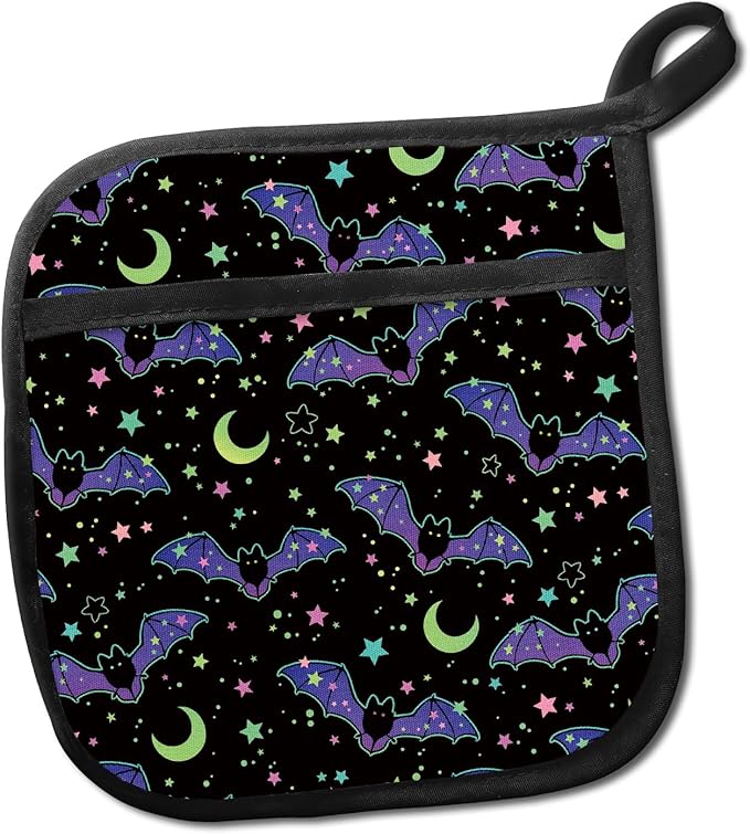 Pot Holders for Kitchen, Heat Resistance Hot Pads, Cute Potholder with Pocket for Kitchen Cooking Baking, Purple Bats