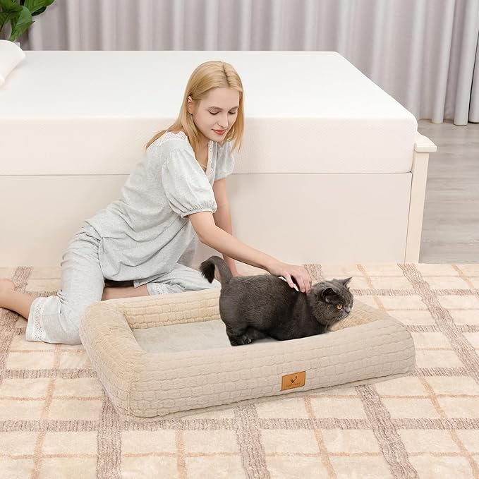 Plush Orthopedic Dog Bed for Medium Large Dogs, Memory Foam Bolster Sofa Bed with Removable Washable Cover, Waterproof Lining & Non-Slip Bottom (Tan-M)
