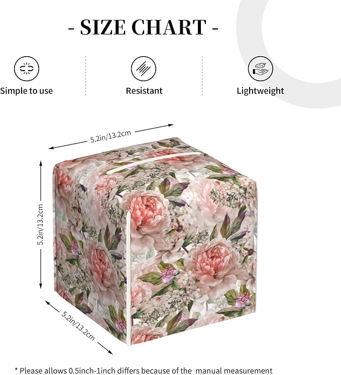 POIUBLE Leather Tissue Box Holder Watercolor Peony Flowers Tissue Box Cover Square Waterproof Tissue Holder Organizer Modern Napkin Holder for Bedroom Dresser Night Stand Office Desk