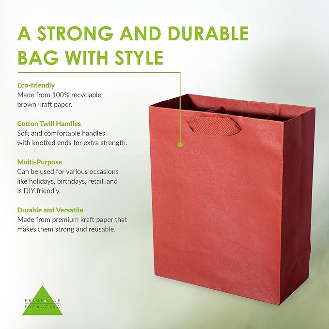 Prime Line Packaging Red Gift Bags, Kraft Paper Christmas Gift Bags with Handles for Kids, Holidays, Wrapping, Weddings, Party Favors, Small Shopping Bags, 8x4x10, 50 Pack