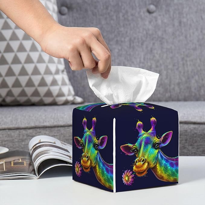 POIUBLE Leather Tissue Box Holder Colorful Giraffe Tissue Box Cover Square Waterproof Tissue Holder Organizer Modern Napkin Holder for Bedroom Dresser Night Stand Office Desk