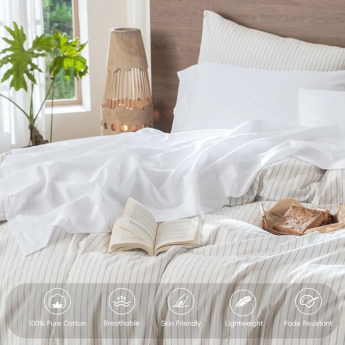 MooMee Bedding Sheet Set 100% Washed Cotton Linen Like Textured Breathable Durable Soft Comfy (Solid Bright White, King)
