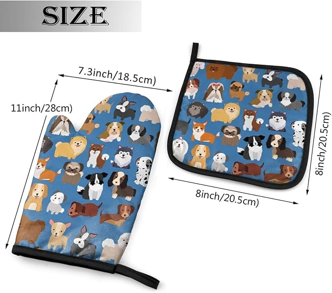 Cute Dogs Blue Oven Mitts and Pot Holders Insulated Gloves & Kitchen Counter Safe Mats for Cooking BBQ Baking Grilling (2-Piece Set)