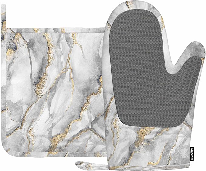 Mxocom White Marble Oven Mitt and Pot Holder with Silicone Fashion Marbling Granite Stone Gold Black Gray Heat Resistant Kitchen for Cooking BBQ Baking Grilling Spring/Summer