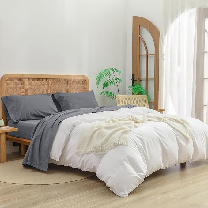 BESTOUCH Sheet Set 100% Washed Cotton Linen Feel Super Soft Comfortable Chic Lightweight 3 Pcs Home Bedding Set Solid Quiet Shade Grey Twin