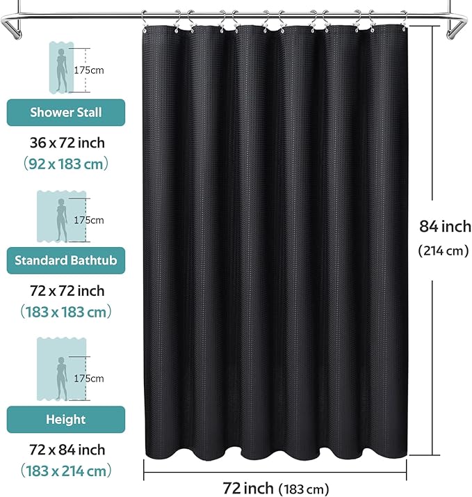 Vipfree 3 in 1 Shower Curtain Set, Waffle Shower Curtain and Liner Set with 12 Double Sided Shower Curtain Hooks, 258GSM Luxury Weighted Cloth Shower Curtains for Bathroom, 72 W x 84 H, Black