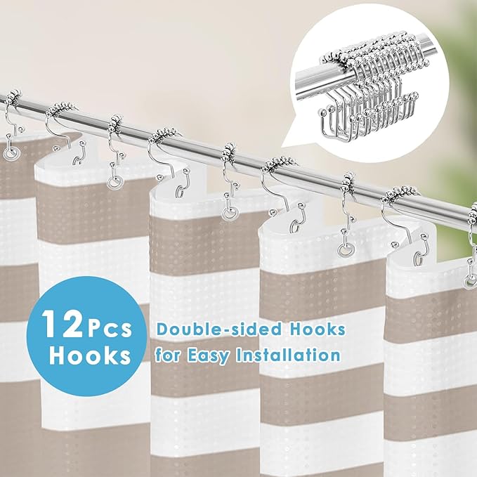Nesphy Shower Curtain and Liner, Taupe Striped 3 in 1 Shower Curtain and PEVA Liner Set with 12 Rust-Resistant Metal Hooks, Waterproof Fabric Shower Curtains for Bathroom, 72 W x 72 H