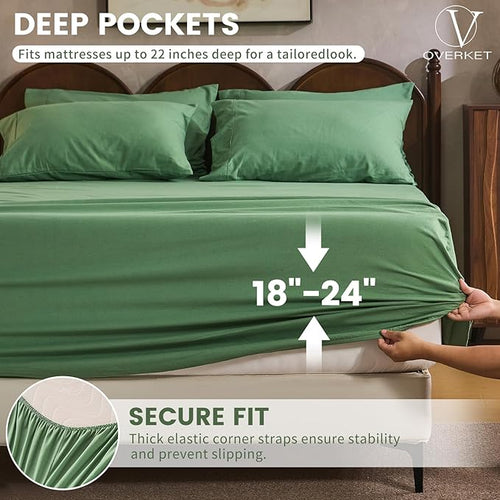 100% Linen Sheet Set King Size Extra Deep Pocket Fits 18-24 Inch Mattress, Breathable & Soft, Smooth 6-Piece Set for Thick Mattresses Hotel Luxury Bedding（King, Sage Green）