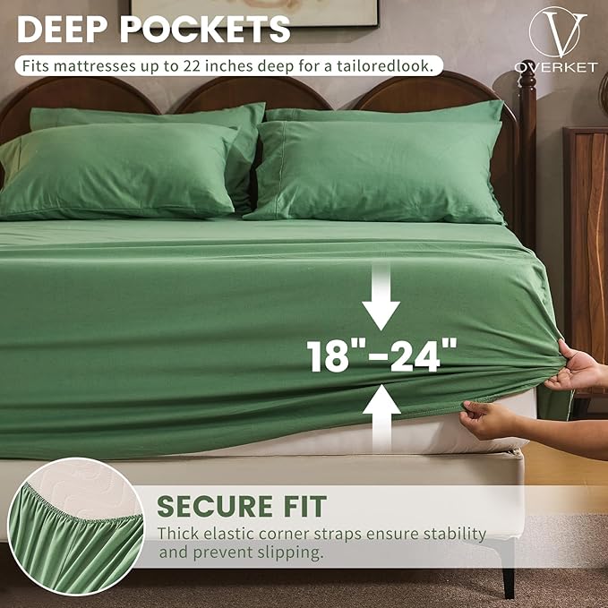100% Linen Sheet Set Queen Size Extra Deep Pocket Fits 18-24 Inch Mattress, Breathable & Soft, Smooth 4-Piece Set for Thick Mattresses Hotel Luxury Bedding（Queen, Sage Green）