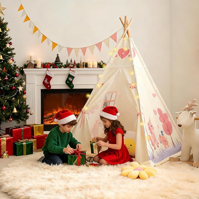 Duwenem Teepee Tent for Kids, Play Tent with Padded Mat & Star Lights, Indoor Play Tent for Girls & Boys, Pink Unicorn