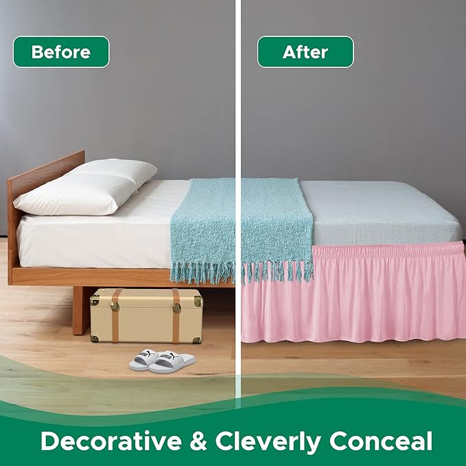 Biscaynebay Wrap Around Bed Skirts for Twin & Twin XL Beds 15" Drop, Pink Adjustable Elastic Dust Ruffles Easy Fit Wrinkle & Fade Resistant Silky Luxurious Fabric Machine Washable