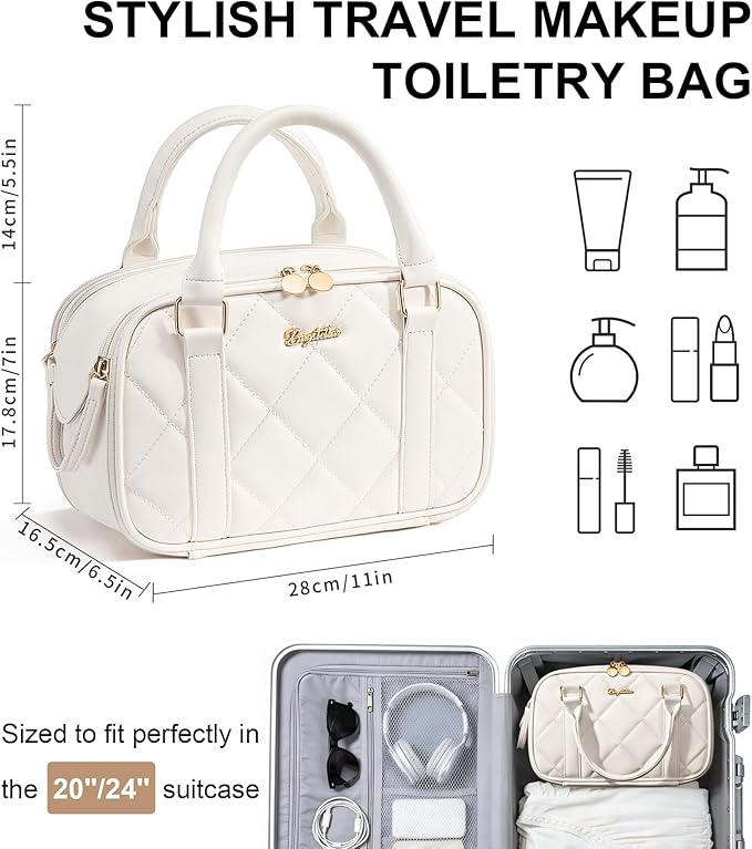 Bagstellar Travel Makeup Bag, Large Capacity Quilted Toiletry Bag for Women, Wide-open Cosmetic Bag Make Up Case Organizer Portable Pouch w/Handle & Brush Holder for Traveling Accessories Ivory White