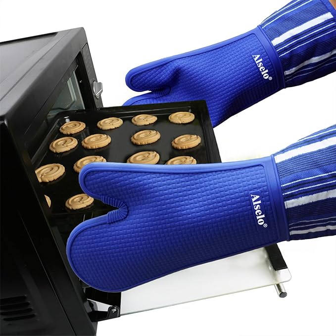 Oven Mitts Heat Resistant Silicone Kitchen Gloves for 550 Degrees with Waterproof and Non-Silp, Oven Gloves for Baking Cooking Barbecue Microwave Machine Washable (Extra Long Navy, 2)