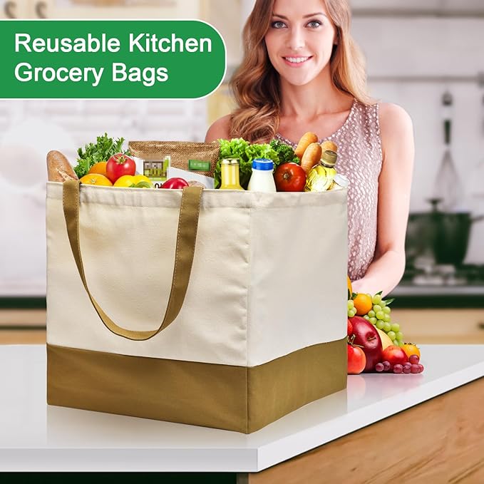CNaiyunpin 3 Pack Canvas Reusable Grocery Bags Heavy Duty, 8.3 gal Foldable Large Tote Bag with Handles, Holds 60 lbs Canvas Shopping Bags & Washable Eco-friendly Bags with 5 Pockets, camel+Off white
