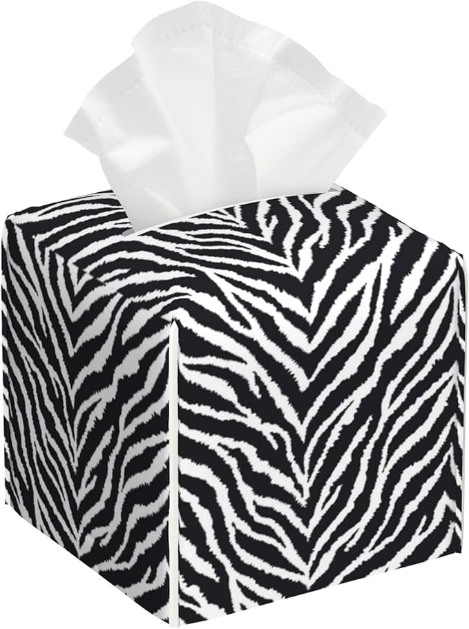 POIUBLE Tissue Box Holder Zebra Print Tissue Box Cover Square Leather Tissue Holder Organizer Portable Decorative Facial Paper Case for Home Office Bathroom Vanity Countertop