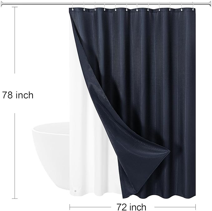 Craidlela 3 in 1 Long Navy Blue Shower Curtain Set-72 W x 78 H, Modern Waffle and PEVA Liner Set with 12 Stainless Steel Hooks, Waterproof Fabric for Bathroom