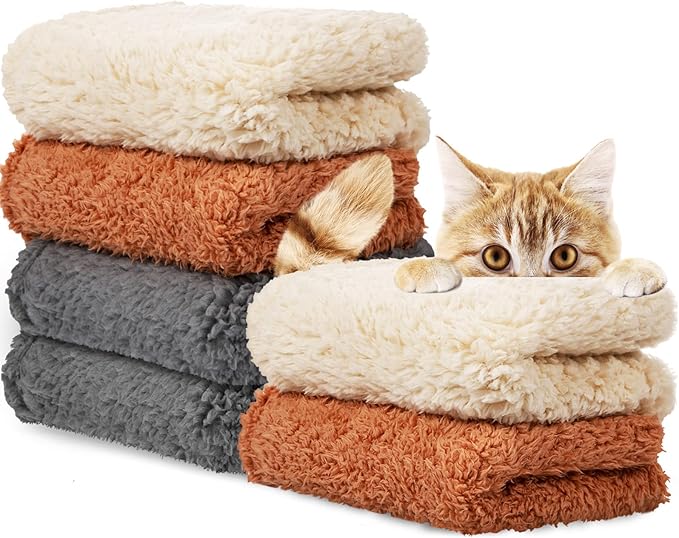Newwiee 6 Pcs Blankets for Dogs Cats, Soft Warm Fluffy Fleece Pet Calming Blanket, Washable Flannel Throw for Small Medium Pet, Gray/Beige/Khaki(24 x 18 Inch)