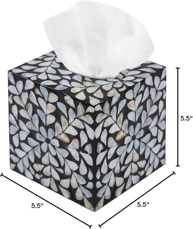 PEMAR Handcrafted Wooden Tissue Box Cover for Small Cube Tissue Boxes Only (Max Inner Size 4.7”) – Mother of Pearl Inlay Decorative Tissue Holder for Bathroom, Living Room & Office (White Vines)
