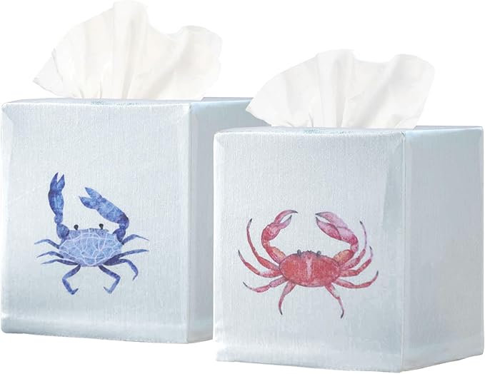 EmbroideryLinen.VN Tissue Box Cover Set of 2, Square Cotton Tissue Holder, Printed Animal Pattern, 4.5x4.5x5.5 Inches, Decorative Holder for Bathroom, Living Room, Office (Blue & Red Crab)