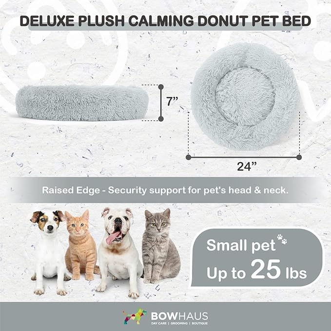 BOWHAUS 24/30 Inch Calming Donut Pet Bed for Small/Medium Cats and Dogs, Anti-Slip Bottom, Washable, Anti-Anxiety Fluffy Round Cat Bed, Indoor Shaggy Cuddler Cotton Candy Brown, Light Gray, Pink Bed