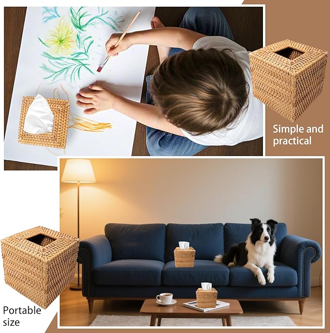 LECEHIVO 3 Pcs Square Rattan Tissue Box Cover Decorative Hand Wicker Woven Tissue Box Holder 5.5'' x 5.5'' x 5.5'' Boho Natural Tissue Cube Napkin Holder for Bathroom, Office, Car Accessories (Wood